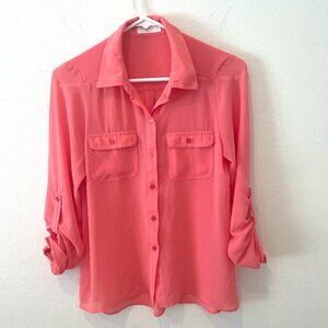 Rosette Women's Button Up Blouse  Sheer Fabric  Pink Size: S